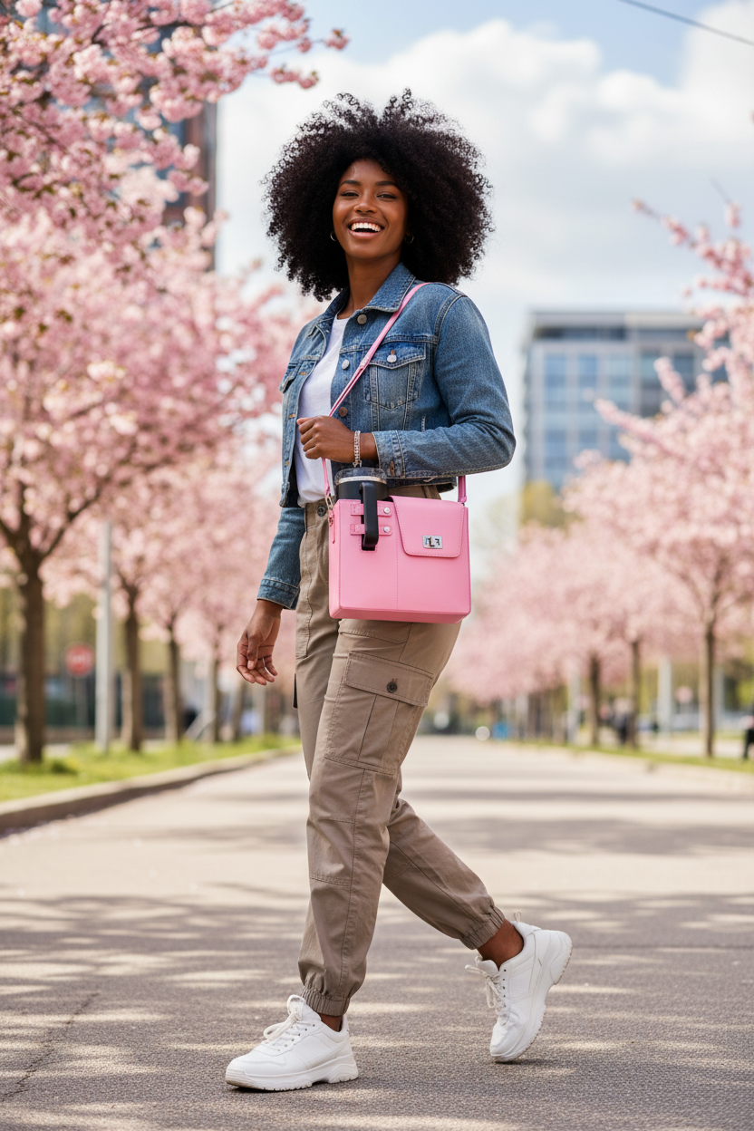 Black woman with curly afro - pink bag