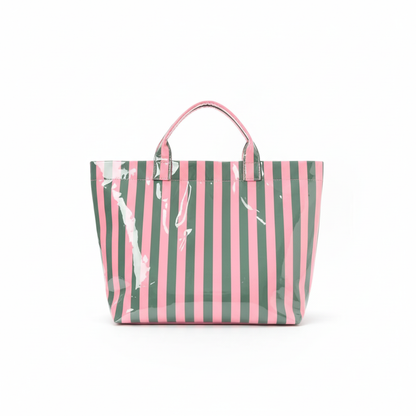 Green and pink striped tote bag