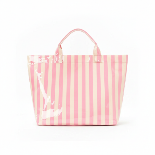 Pink and white striped tote bag