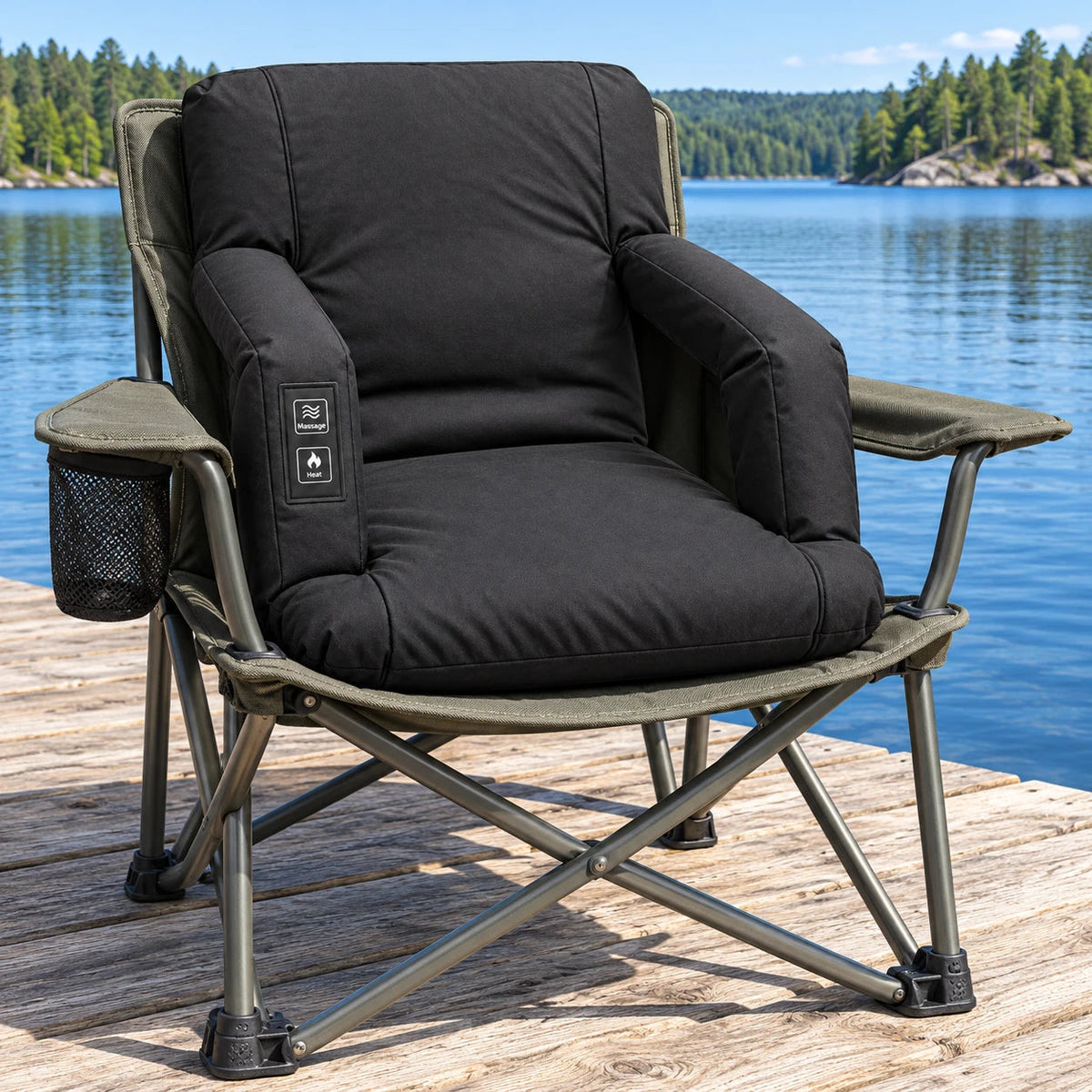 Heated seat insert on a fishing chair by the lake